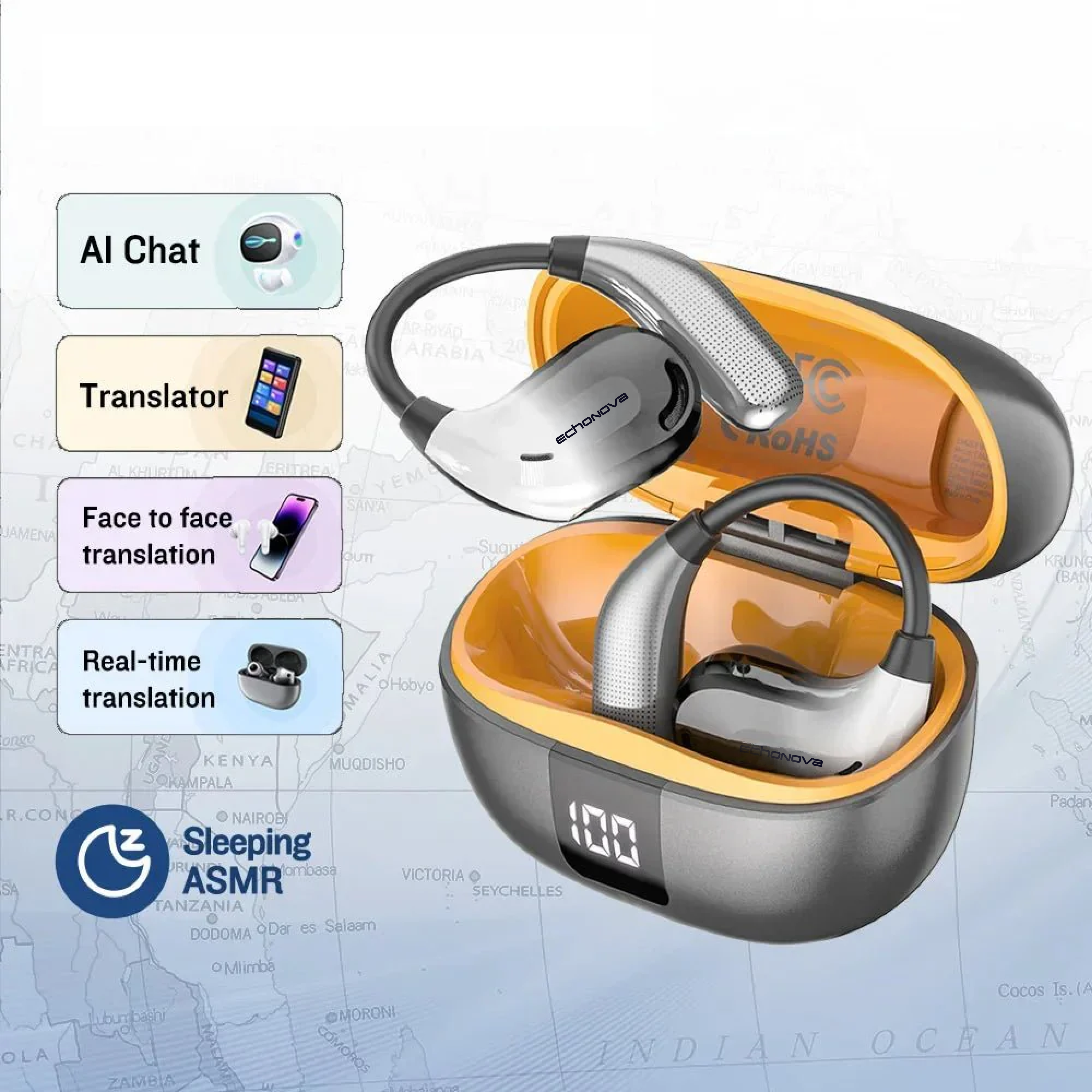 Translator Earbuds – 135+ Languages, Waterproof, 90H Battery, ASMR Headset