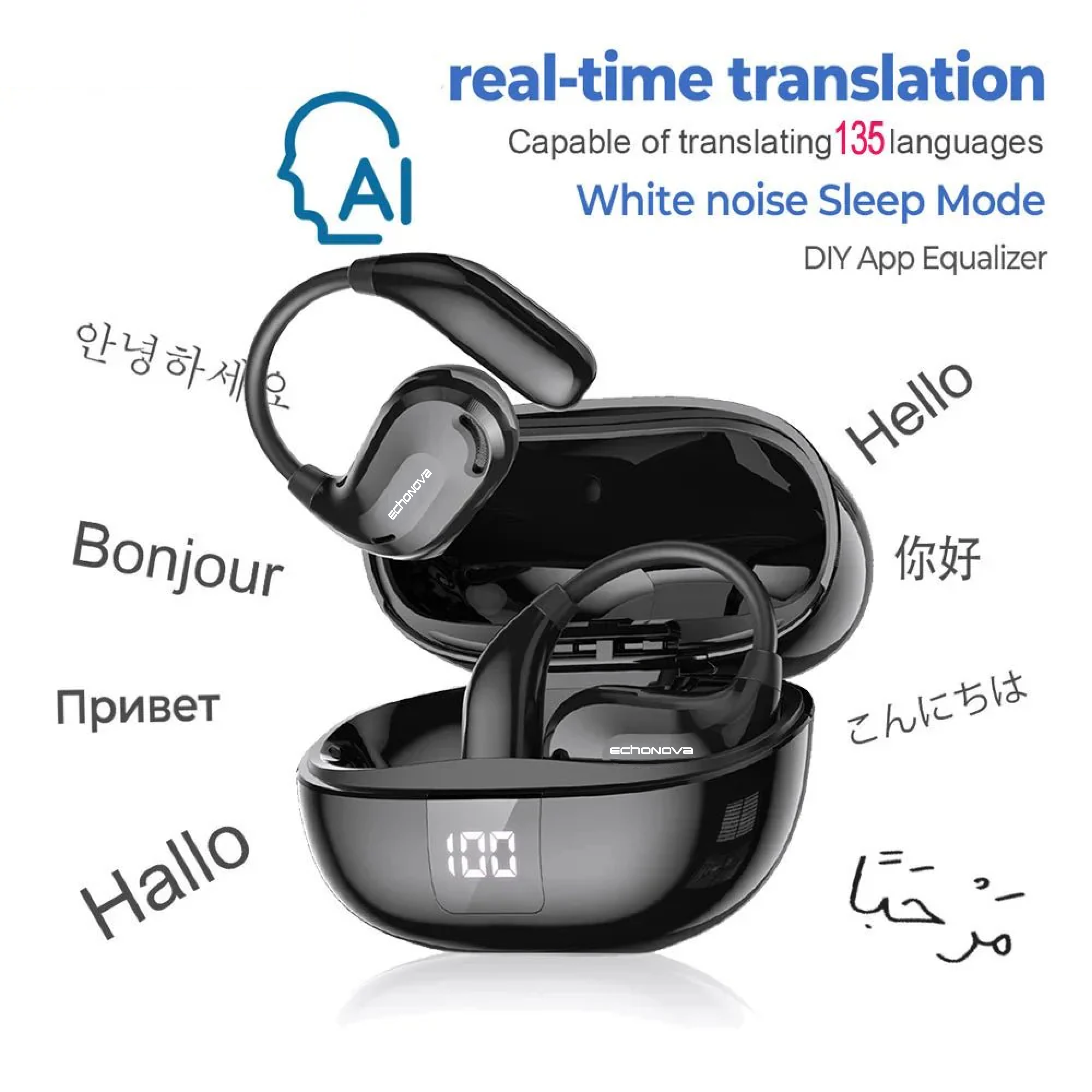Translator Earbuds – 135+ Languages, Waterproof, 90H Battery, ASMR Headset